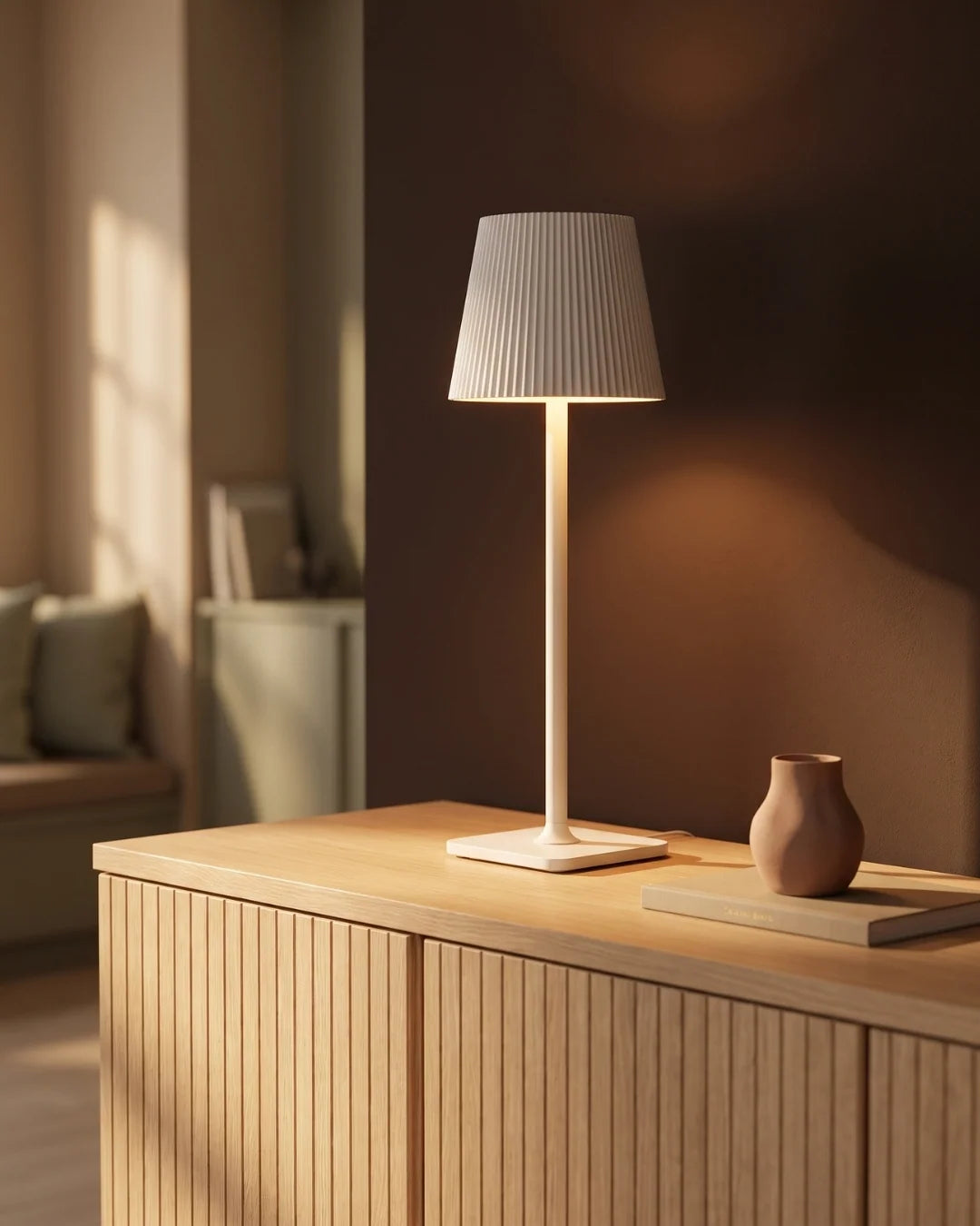 White cordless lamp on sideboard