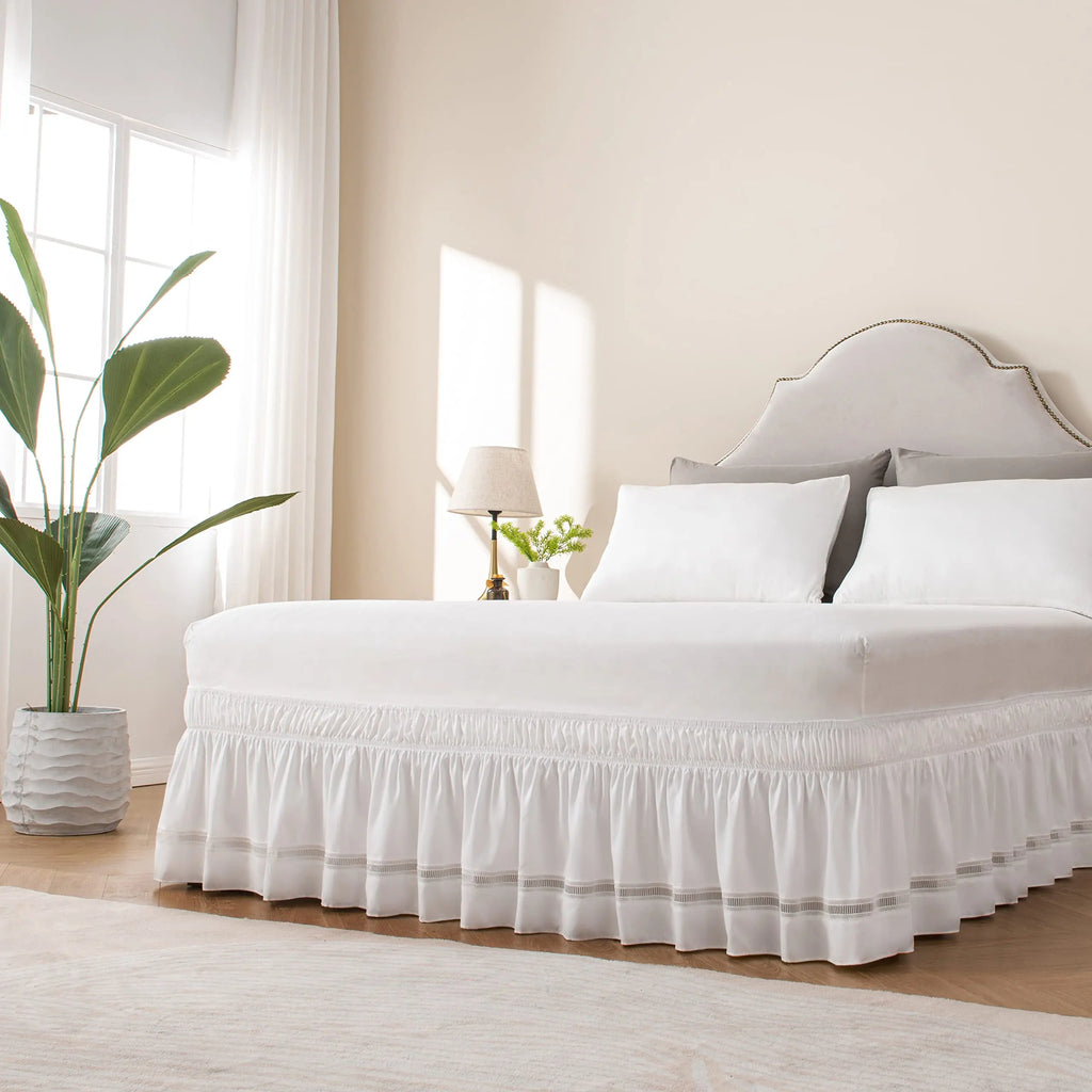 White crochet lace bed skirt in bedroom
