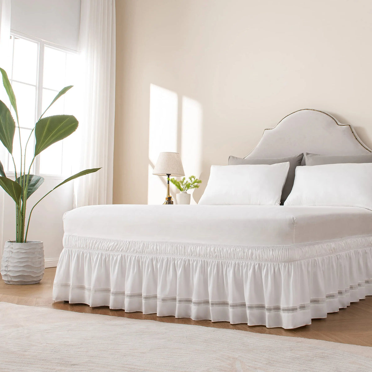 White crochet lace bed skirt in bedroom