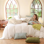 White duvet cover set in sunny bedroom
