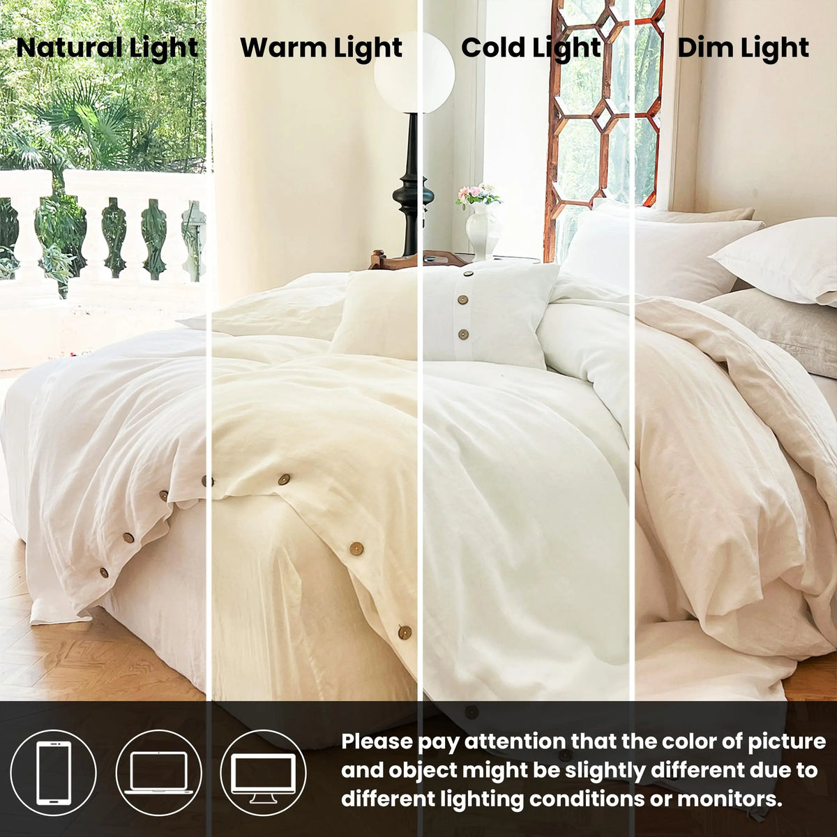 White duvet cover shown in different lighting