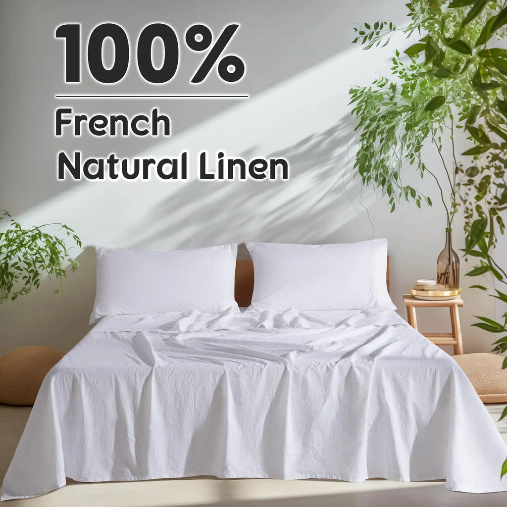 White French linen sheets in bedroom