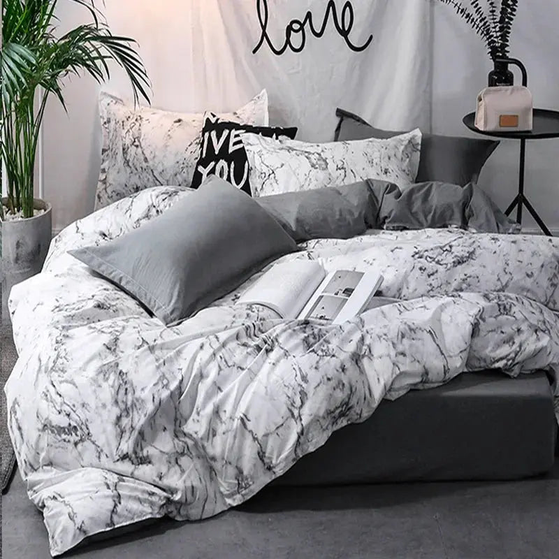 White marble duvet cover set with gray accents
