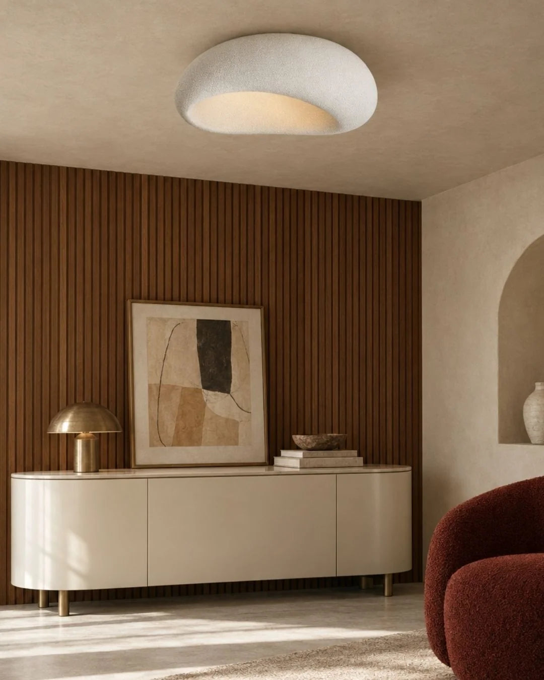 White pebble ceiling light in living room