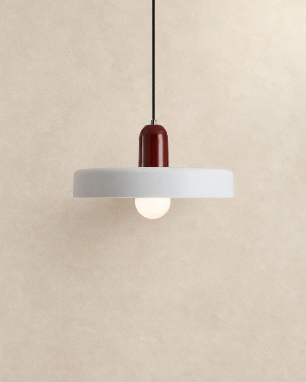 White pendant light with burgundy holder
