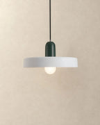 White pendant light with dark green holder