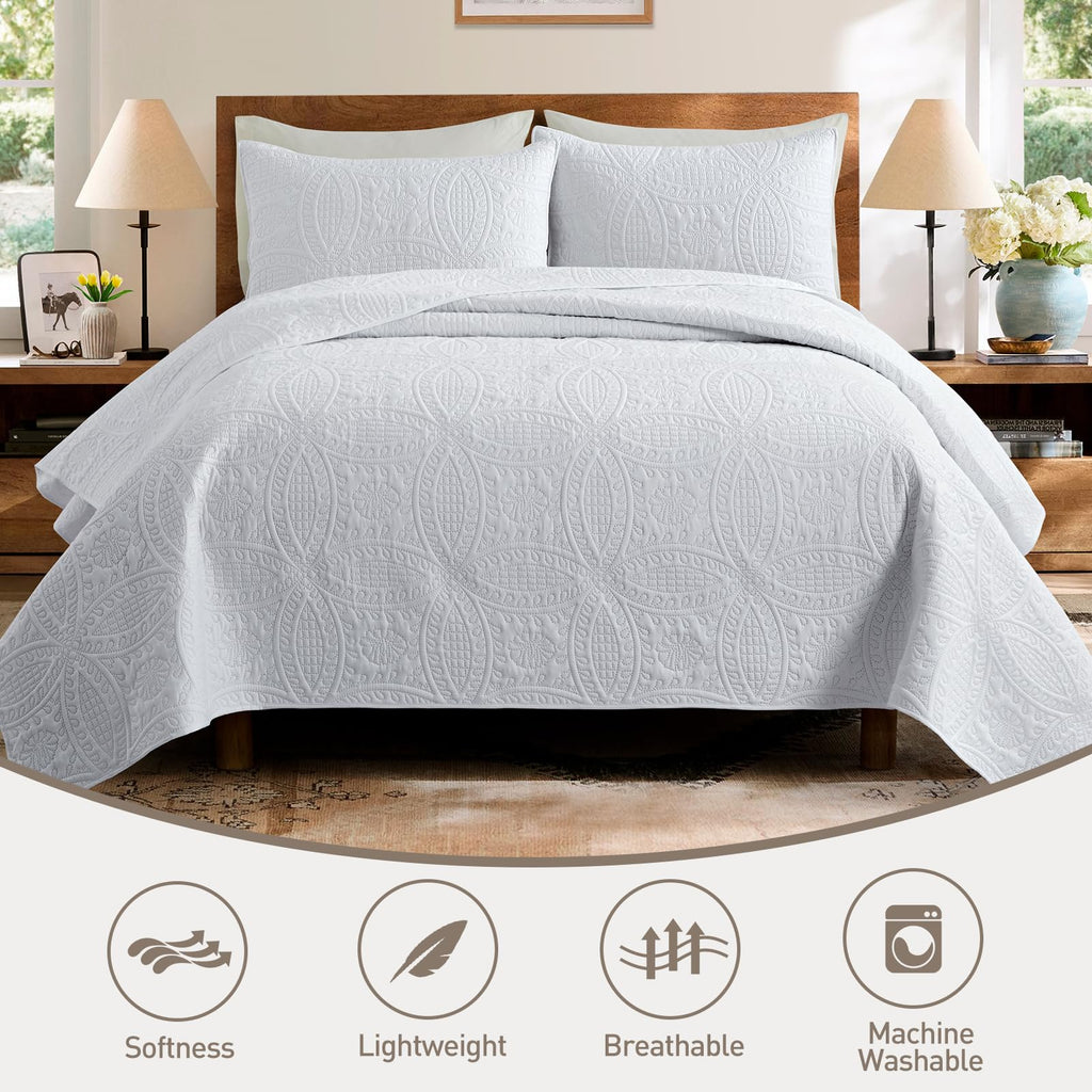 White quilt set features: soft, lightweight, breathable, machine washable