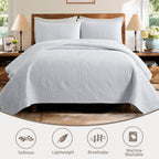 White quilt set features: soft, lightweight, breathable, machine washable
