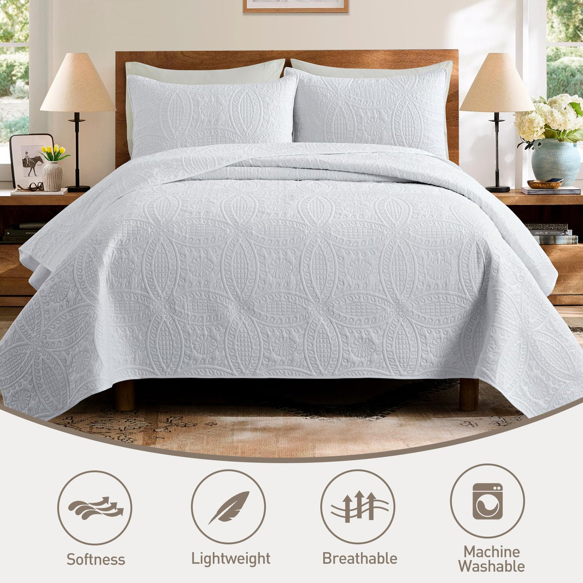 White quilt set features: soft, lightweight, breathable, machine washable