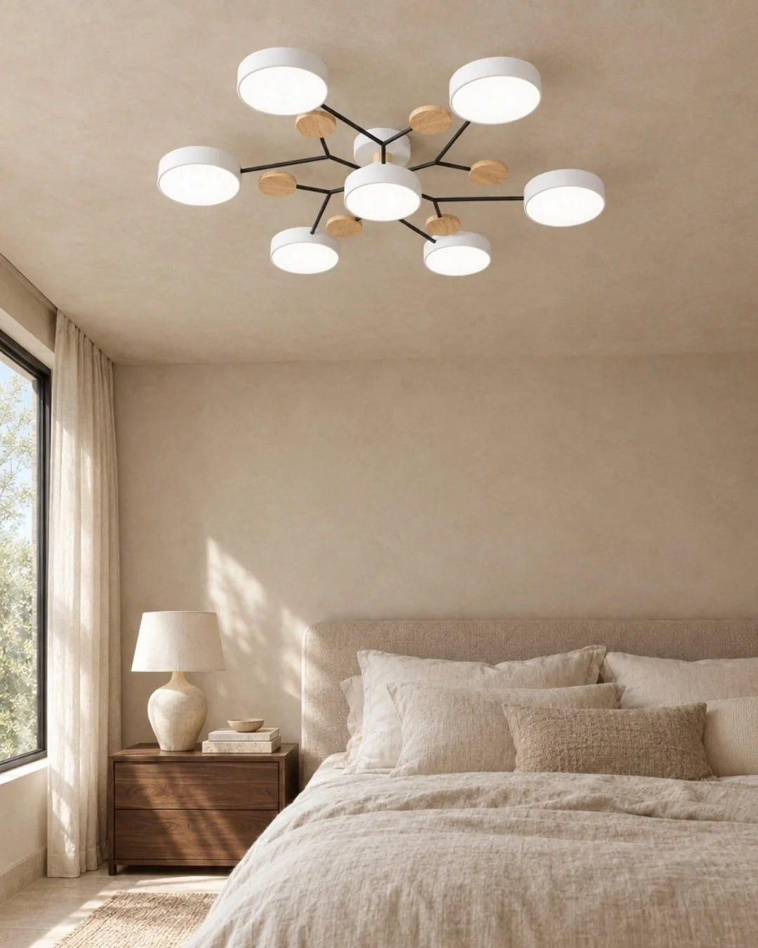 White sputnik ceiling light in bedroom