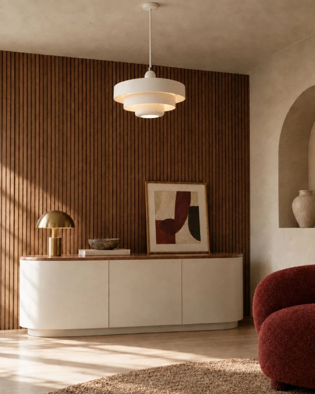 White tiered pendant light in living room