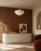 White tiered pendant light in living room