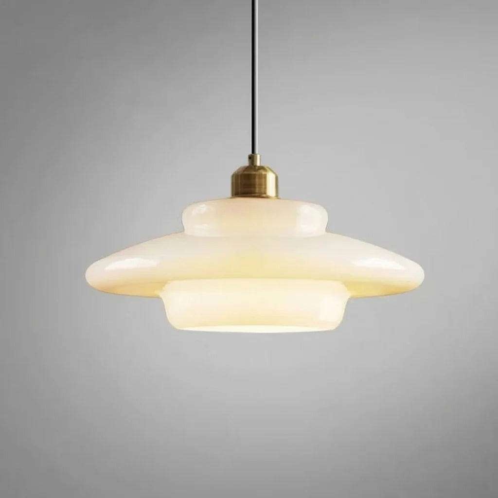 Wide tiered milk glass pendant light