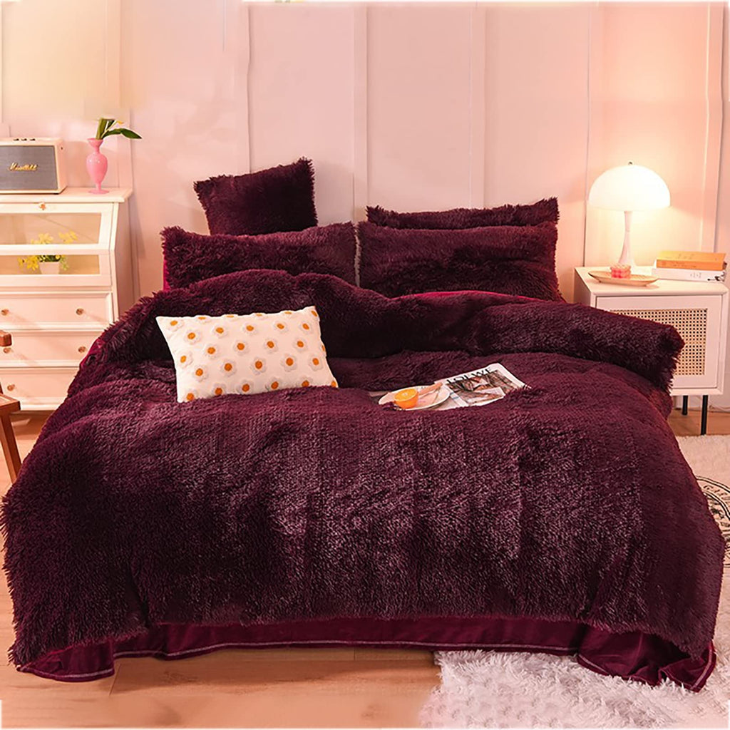 Wine red faux fur duvet cover set