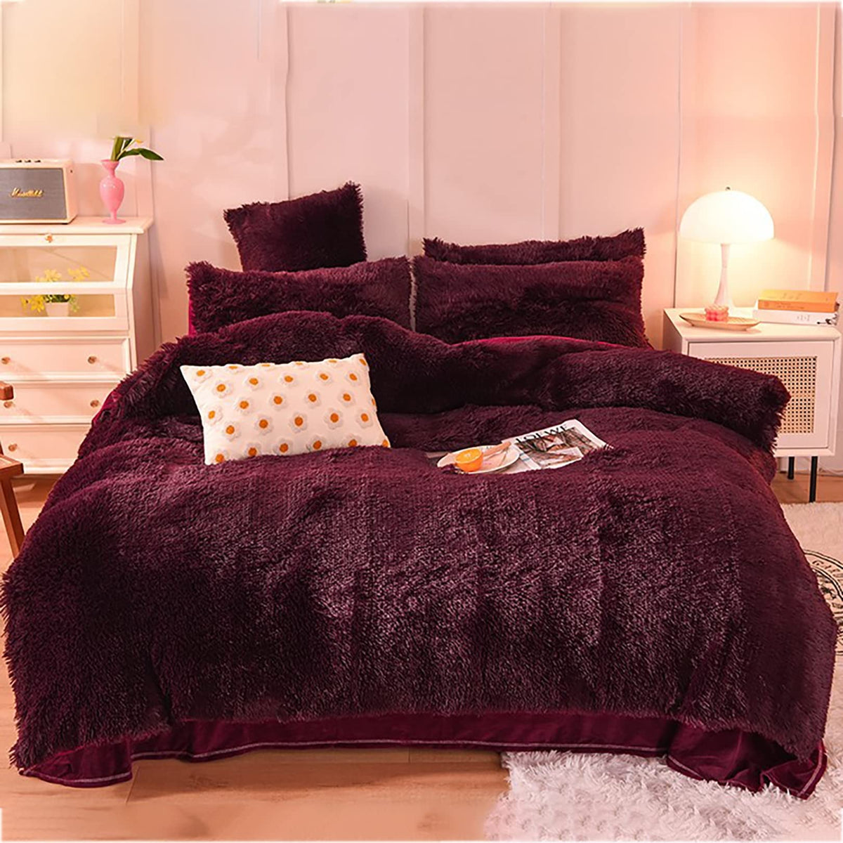 Wine red faux fur duvet cover set