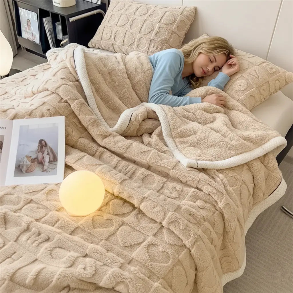 Woman resting under heart embossed sherpa blanket