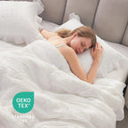 Woman sleeping in white seersucker bedding