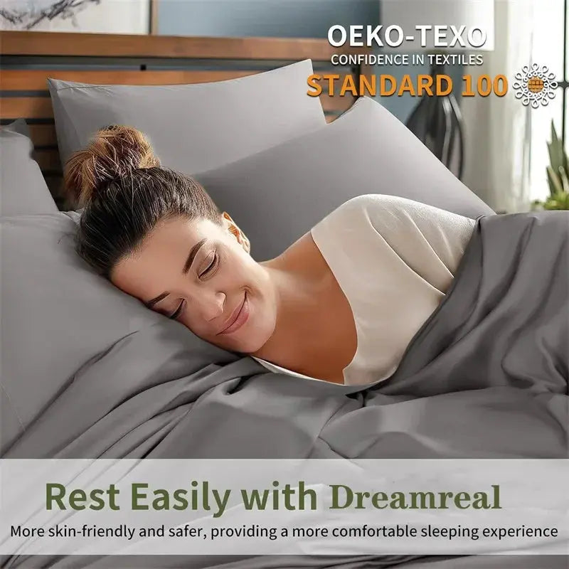 Woman sleeping on soft gray bamboo sheets