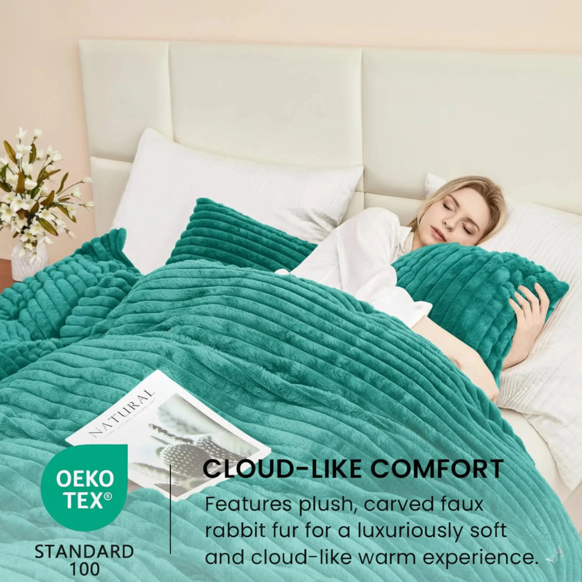 Woman sleeping under plush turquoise fleece duvet cover