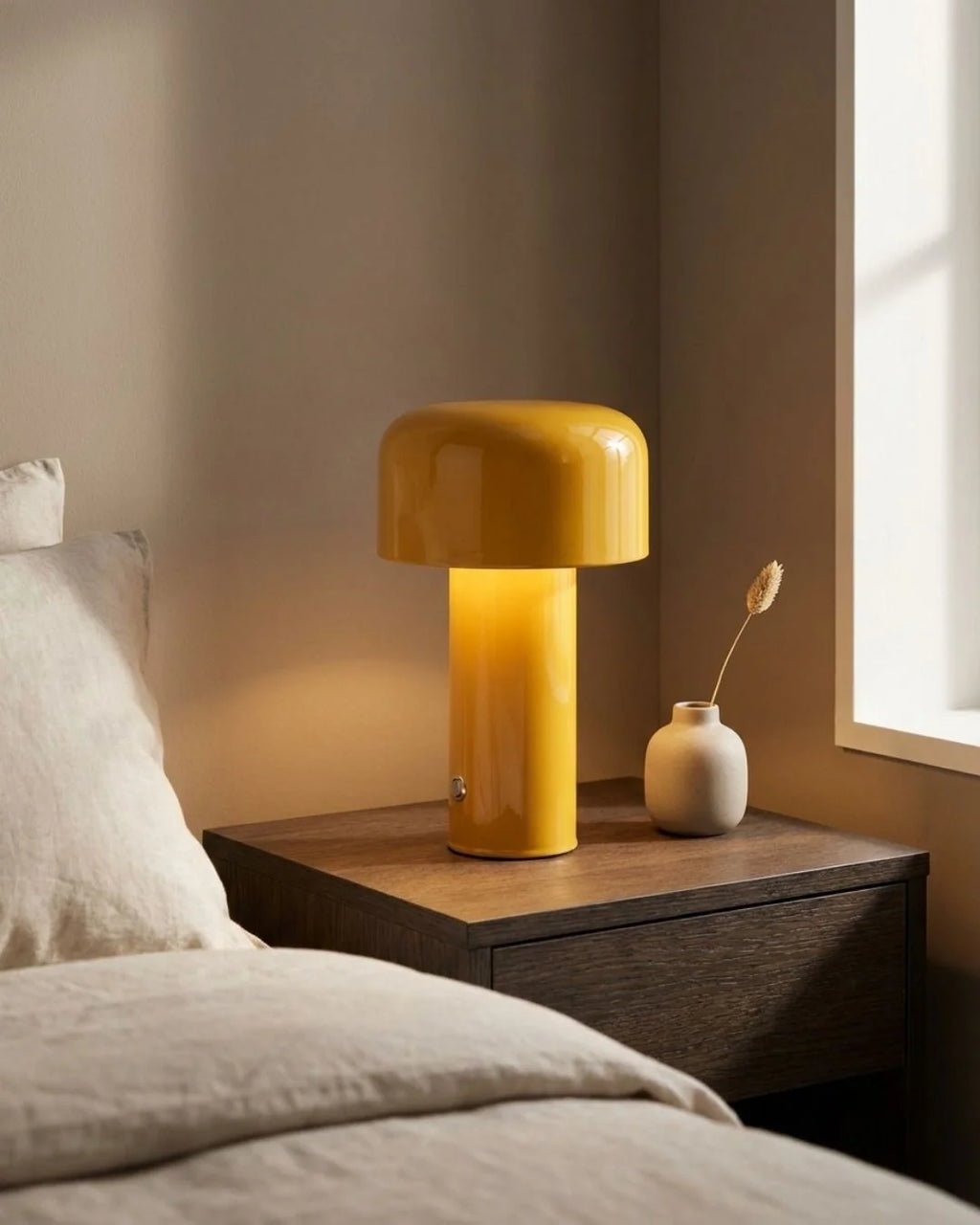 Yellow cordless lamp on nightstand