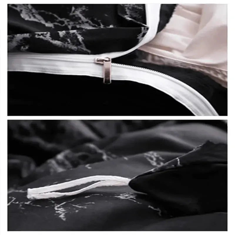 Zipper closure and corner tie on marble duvet cover